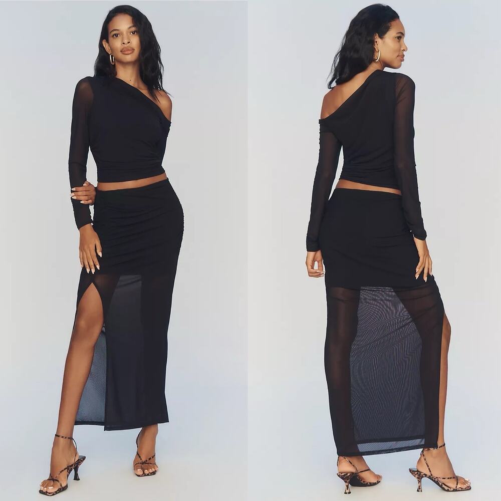 2 pc Set Anthropologie Ruched Side-Slit Maxi Skirt & Asymmetric One Shoulder Top